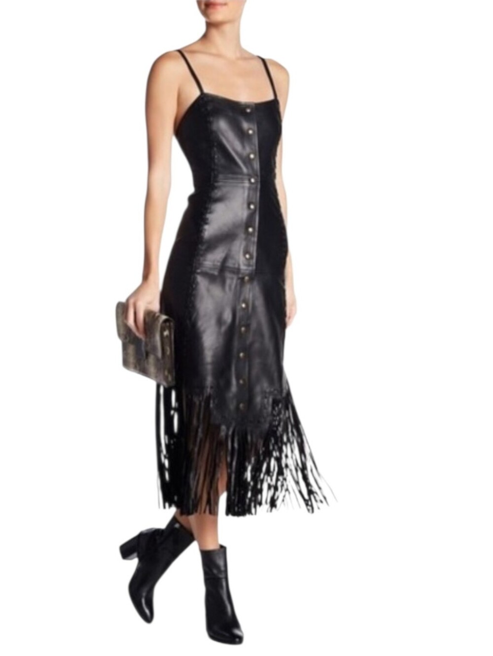 Haute Hippie Black Genuine Leather Fringe Hem Midi Dress sz XS